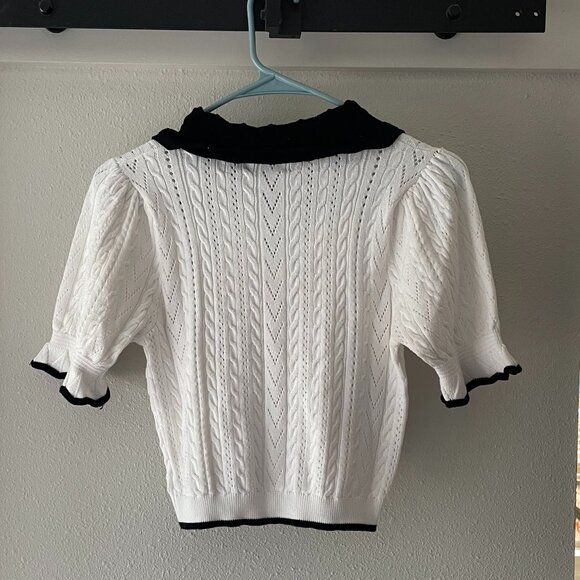 Cider Collar Contrasting Trim Knit Short Sleeve Crop Top Pointelle - Picture 2 of 8